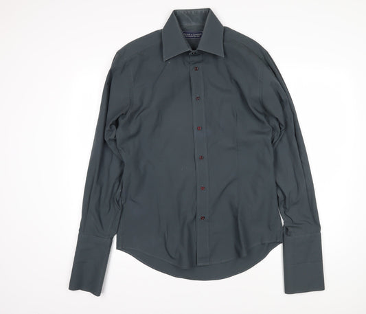Guide of London Mens Grey Cotton Button-Up Size L Collared Button