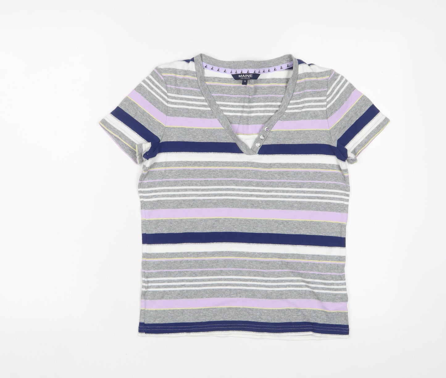 Maine Womens Multicoloured Striped Cotton Basic T-Shirt Size 10 V-Neck
