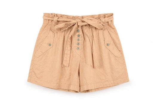 Front view of French Connection women’s pink cotton paperbag shorts, size UK 6, 5-inch leg regular button - belted
