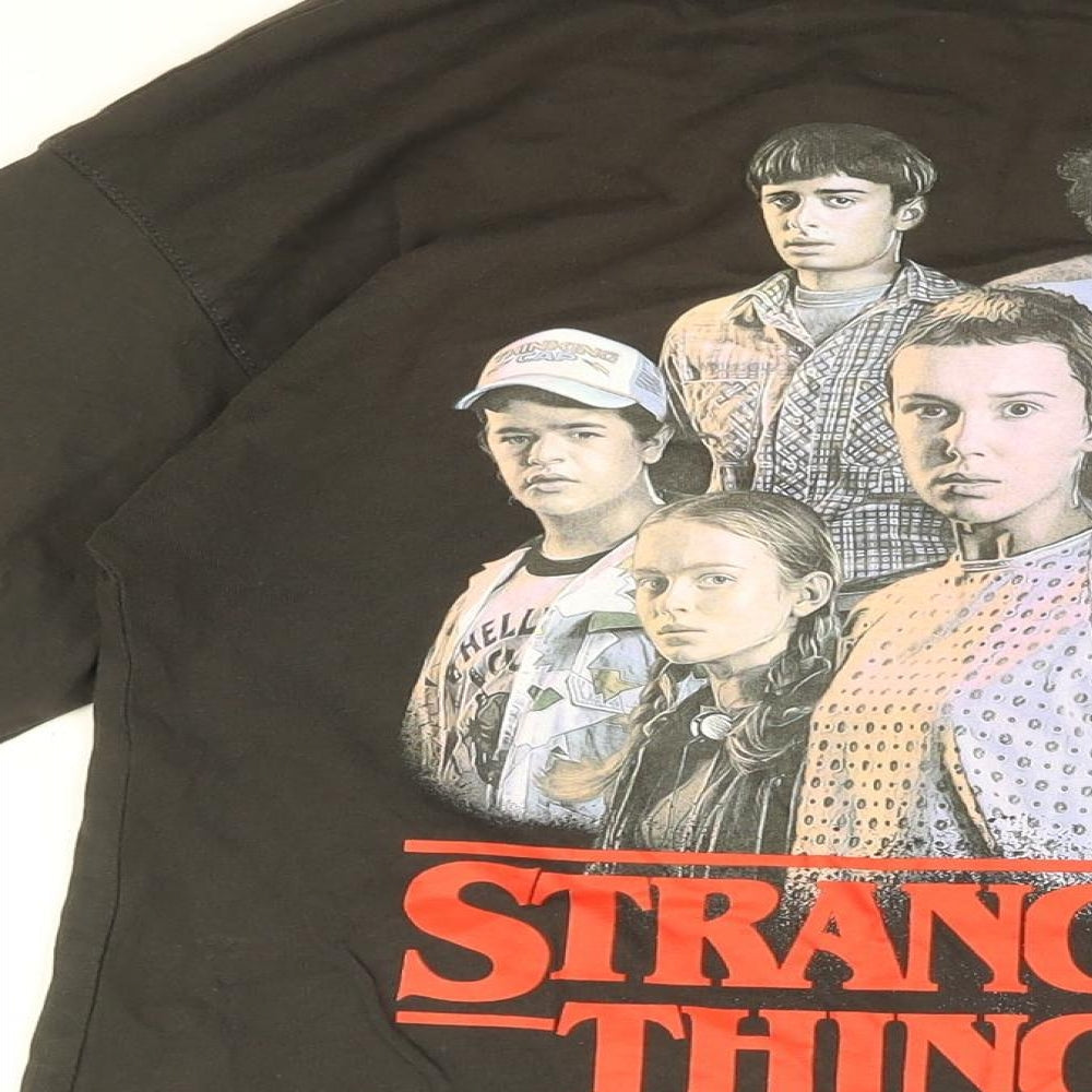 Stranger Things Girls Black Cotton Basic T-Shirt Size 11-12 Years Round Neck Pullover - STRANGER THINGS