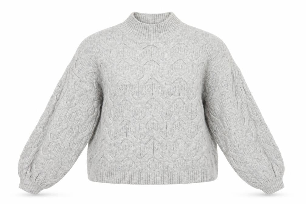 ASOS Grey High Neck Cable-Knit Balloon Sleeve Jumper