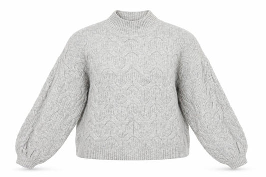 Front view of ASOS Grey High Neck Cable-Knit Balloon Sleeve Jumper