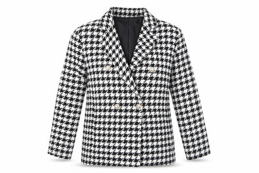 Front view of Boohoo Black White Houndstooth Blazer, size 8, Classic Style