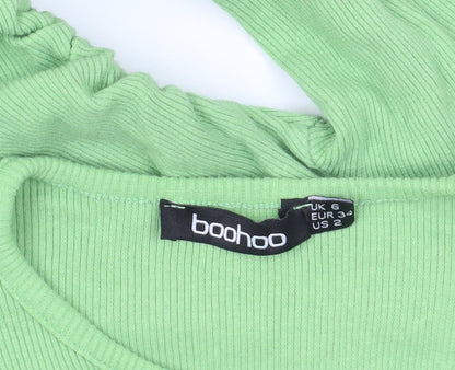 Brand and care label for Boohoo Green Ribbed Cropped Blouse, size 6
