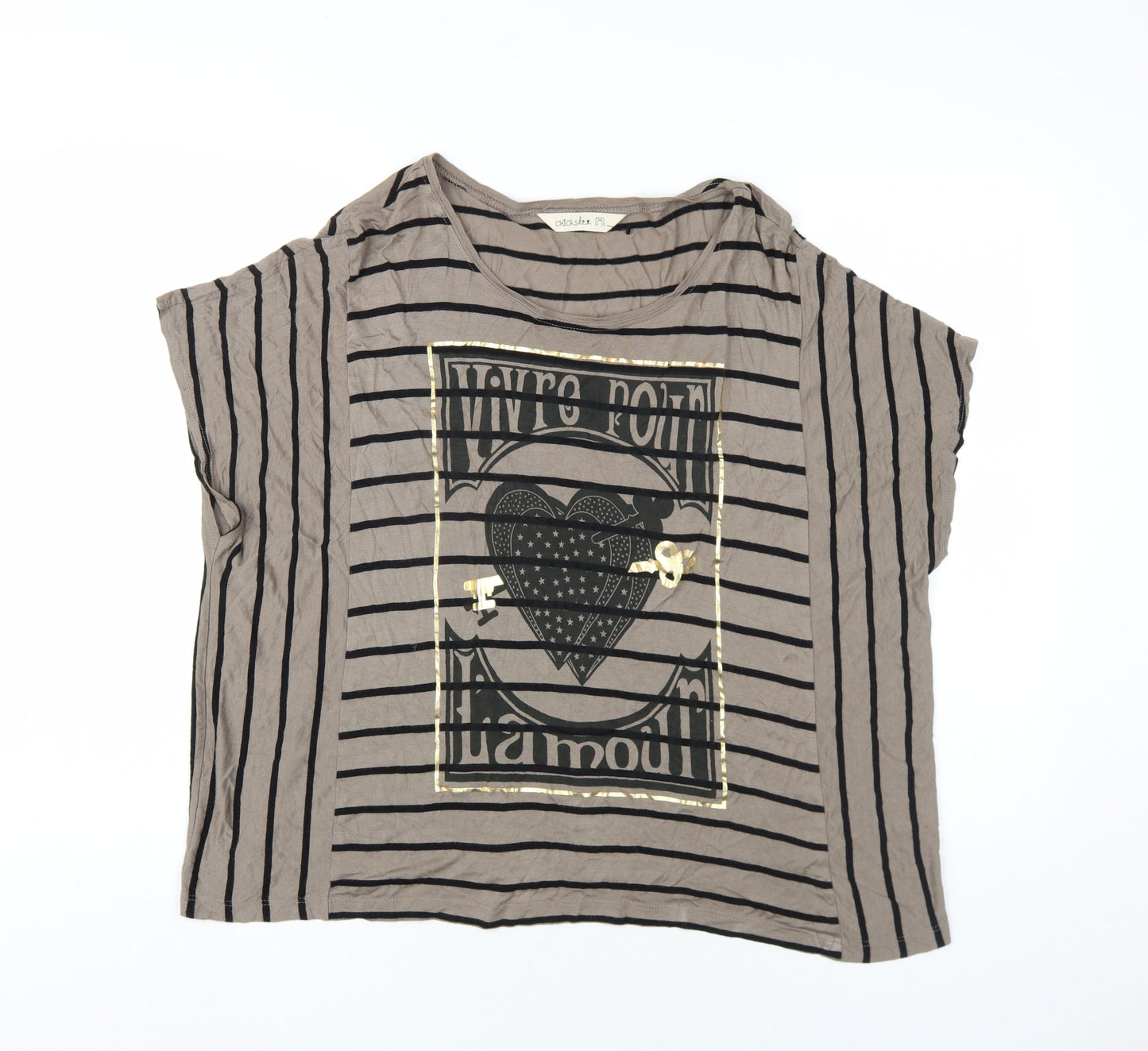 Chickster Womens Brown Striped Viscose Basic T-Shirt Size M Round Neck