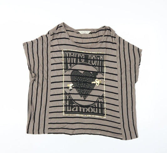 Chickster Womens Brown Striped Viscose Basic T-Shirt Size M Round Neck
