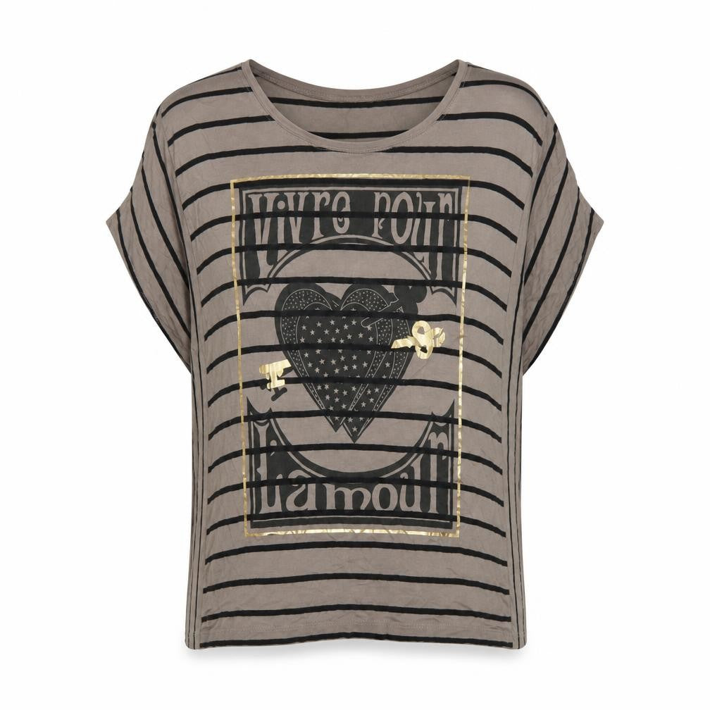 Chickster Womens Brown Striped Viscose Basic T-Shirt Size M Round Neck