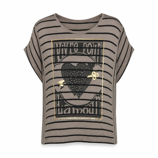 Chickster Womens Brown Striped Viscose Basic T-Shirt Size M Round Neck