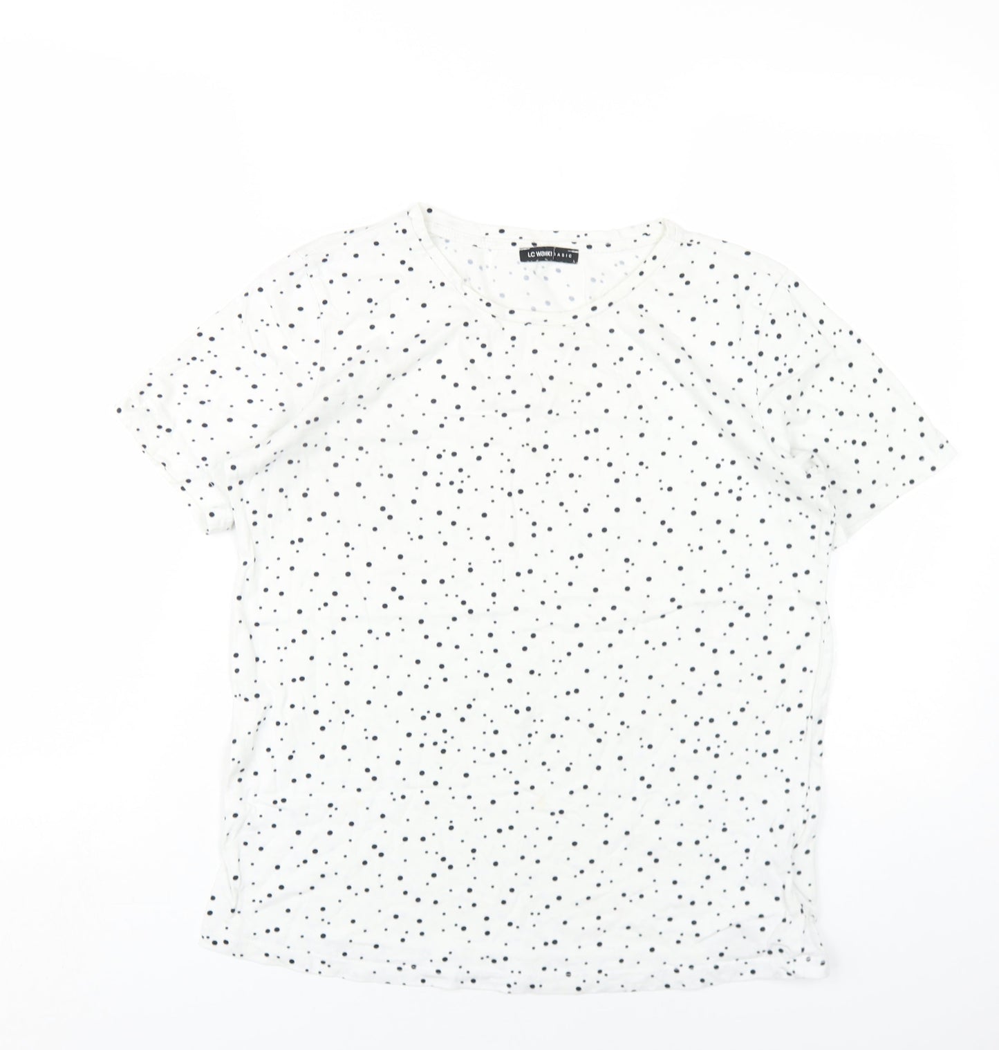 LC Waikiki Womens White Polka Dot Cotton Basic T-Shirt Size L Round Neck