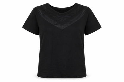 Front view of ASOS women’s black viscose basic t-shirt, size UK 14, v-neck