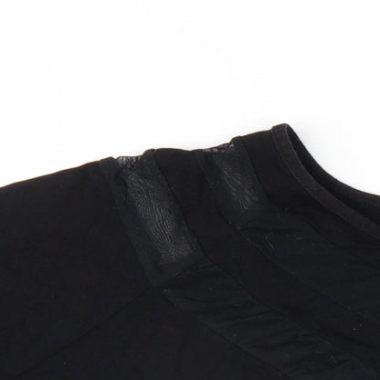 Close-up detail of ASOS women’s black viscose basic t-shirt, size UK 14, v-neck