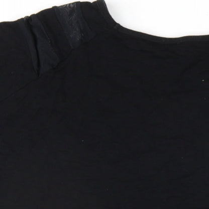 Brand and care label for ASOS women’s black viscose basic t-shirt, size UK 14, v-neck