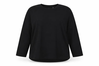 Front view of ASOS women’s black polyester basic t-shirt, size UK 10, round neck - side slits