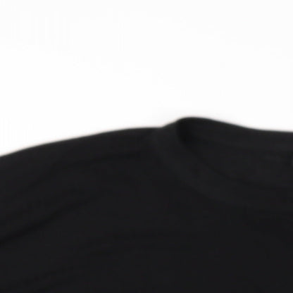 Close-up detail of ASOS women’s black polyester basic t-shirt, size UK 10, round neck - side slits
