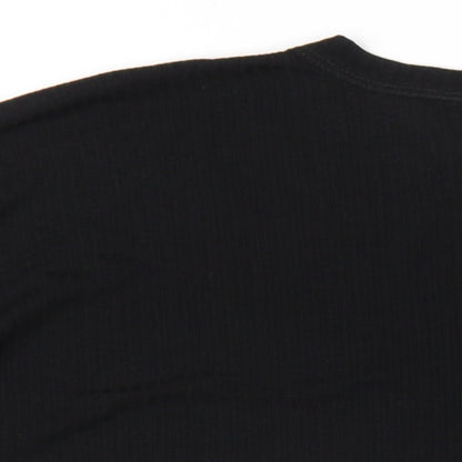 Brand and care label for ASOS women’s black polyester basic t-shirt, size UK 10, round neck - side slits