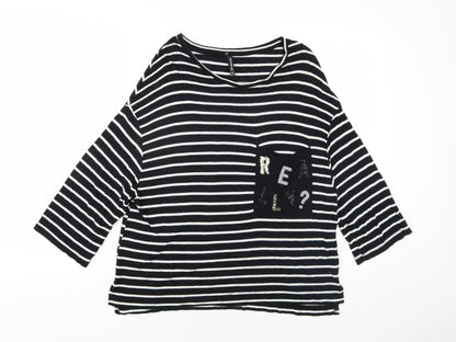 Stradivarius Womens Black Striped Viscose Basic T-Shirt Size M Round Neck