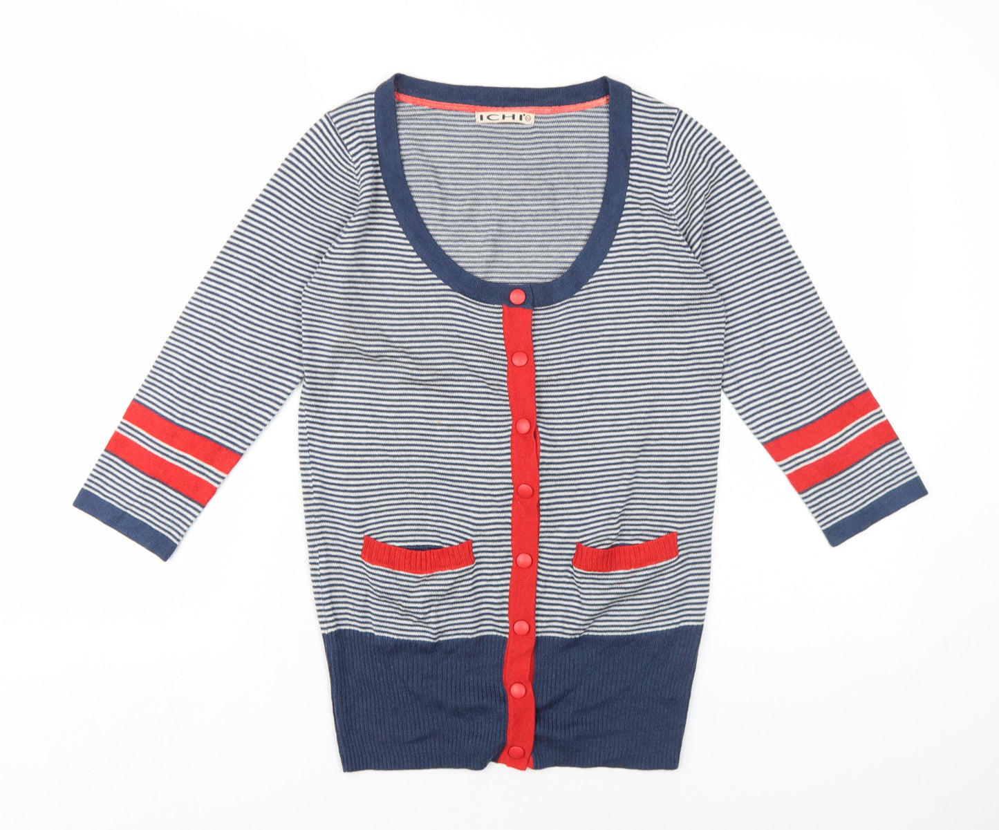 ICHI Womens Blue Scoop Neck Striped Acrylic Cardigan Jumper Size M