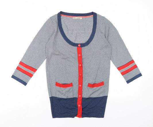 ICHI Womens Blue Scoop Neck Striped Acrylic Cardigan Jumper Size M