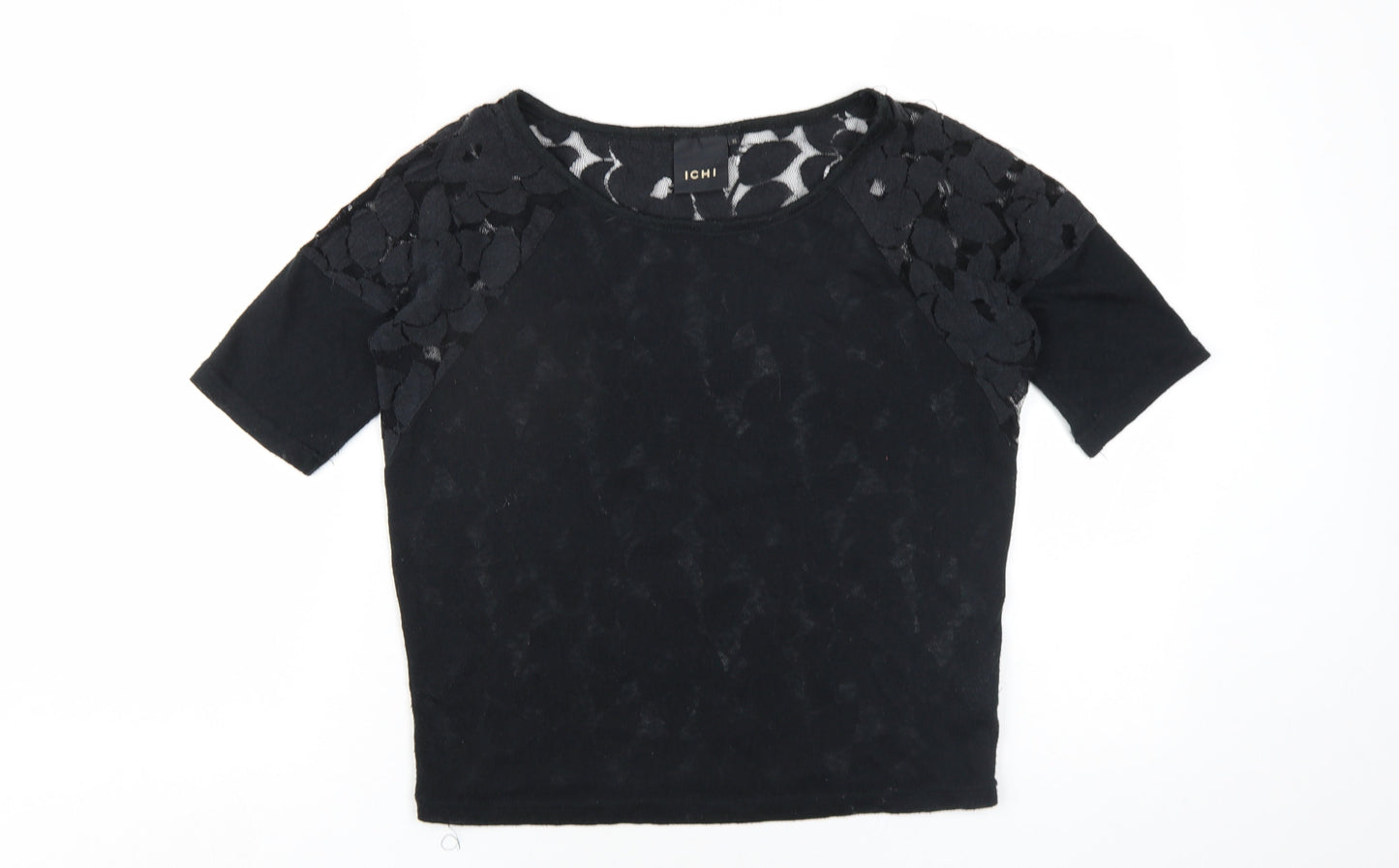 ICHI Womens Black Polyester Basic T-Shirt Size XS Round Neck