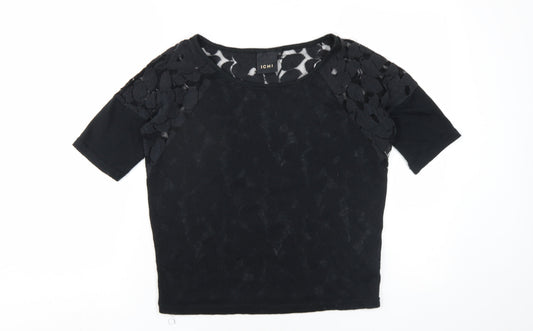 ICHI Womens Black Polyester Basic T-Shirt Size XS Round Neck