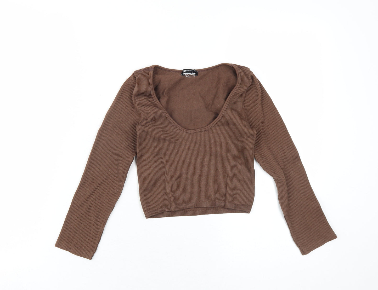 Zara Womens Brown Polyamide Cropped T-Shirt Size XS Scoop Neck