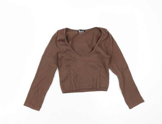Zara Womens Brown Polyamide Cropped T-Shirt Size XS Scoop Neck