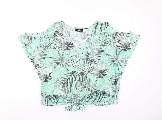 Wallis Womens Green Floral Polyester Basic T-Shirt Size M V-Neck