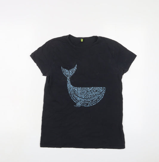 TEEMIL Womens Blue Cotton Basic T-Shirt Size 8 Crew Neck - Whale