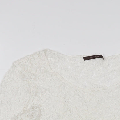 Close-up detail of Savoir women’s white polyamide basic blouse, size UK 16, boat neck
