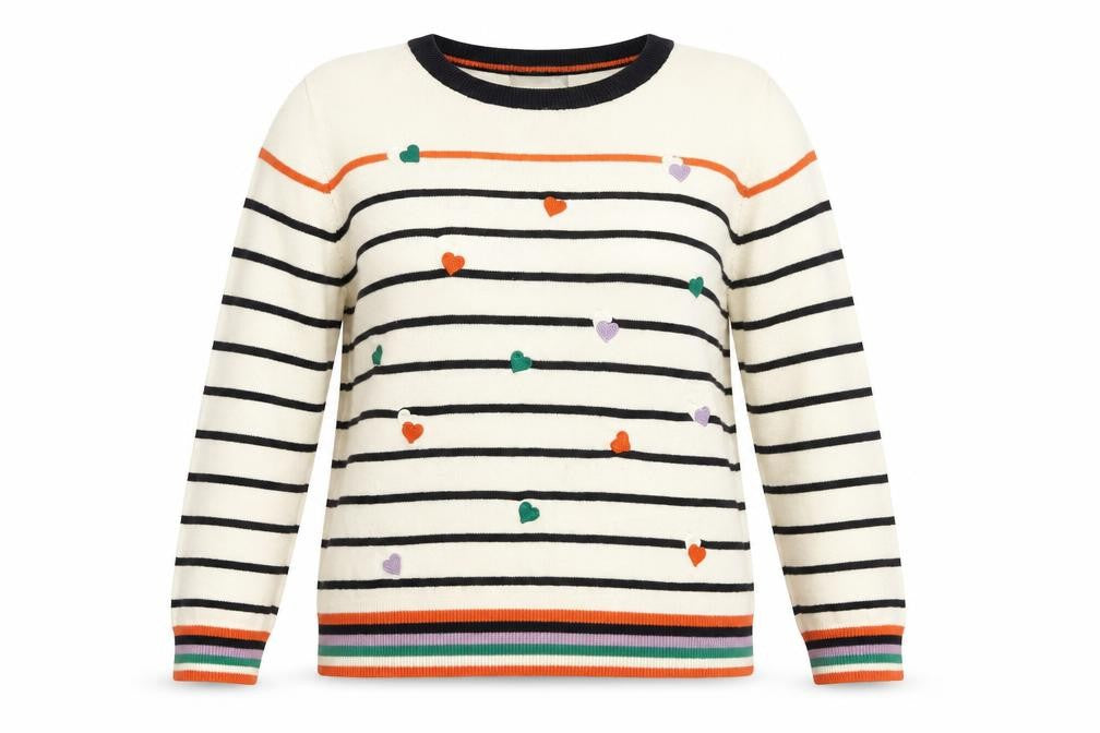 Oasis Womens White Round Neck Striped Cotton Pullover Jumper Size S - Heart Pattern