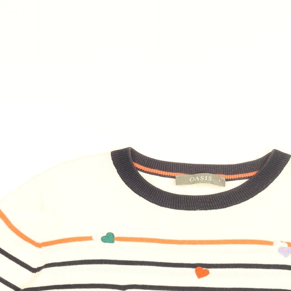 Oasis Womens White Round Neck Striped Cotton Pullover Jumper Size S - Heart Pattern