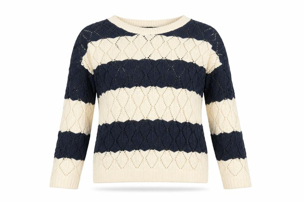 QED London Womens White Round Neck Striped Cotton Pullover Jumper Size M