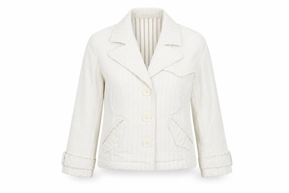 White Striped Jacket with Button Accents, Size 8