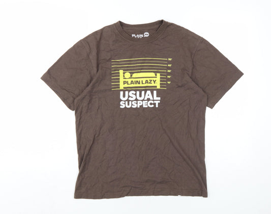 Plain Lazy Mens Brown Cotton T-Shirt Size S Round Neck