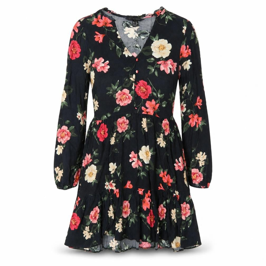New Look Womens Black Floral Viscose A-Line Size 8 V-Neck Pullover