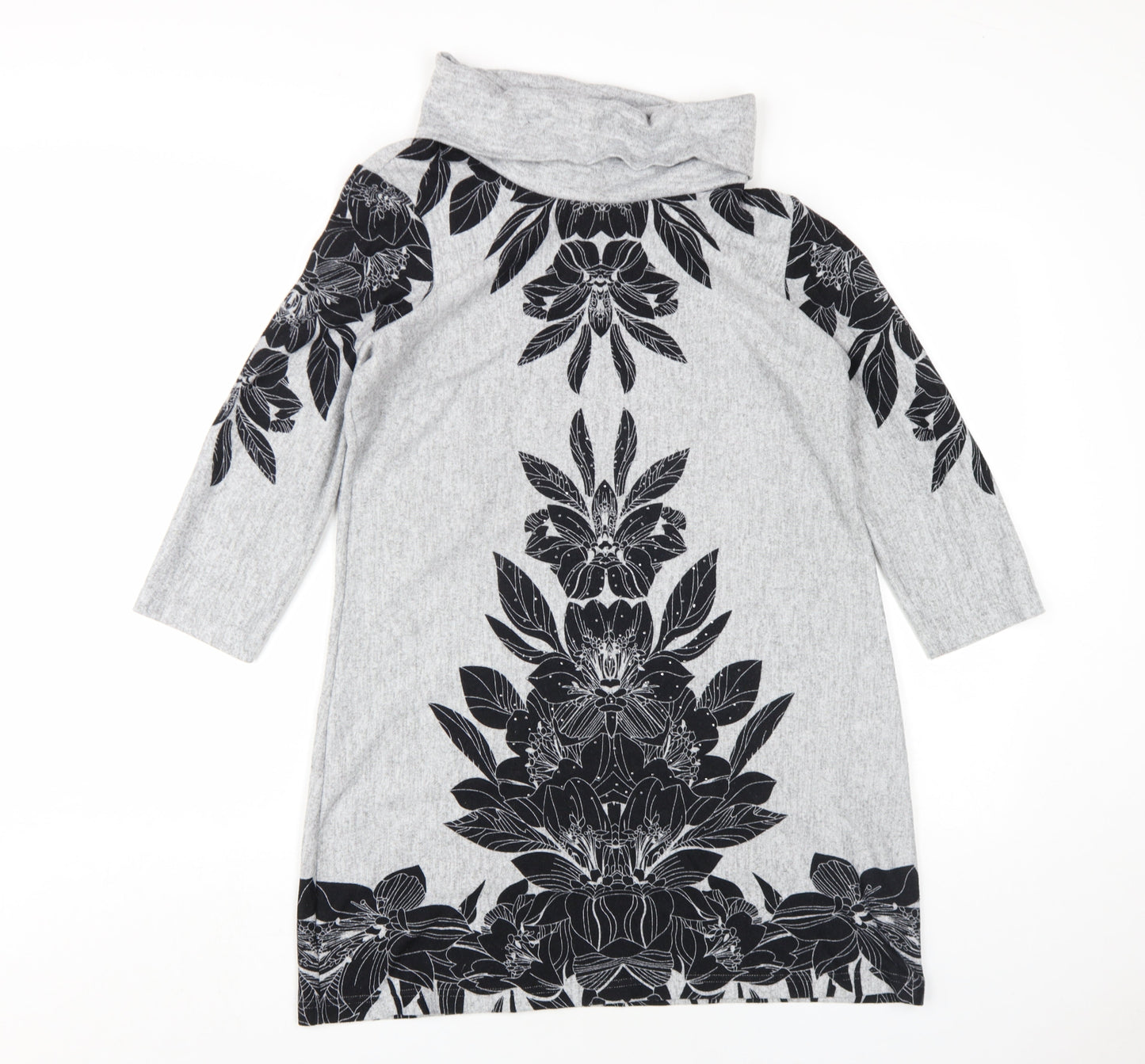 M&Co Womens Grey Floral Polyester A-Line Size 12 Roll Neck Pullover
