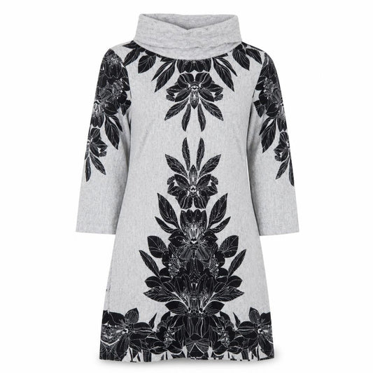 M&Co Womens Grey Floral Polyester A-Line Size 12 Roll Neck Pullover