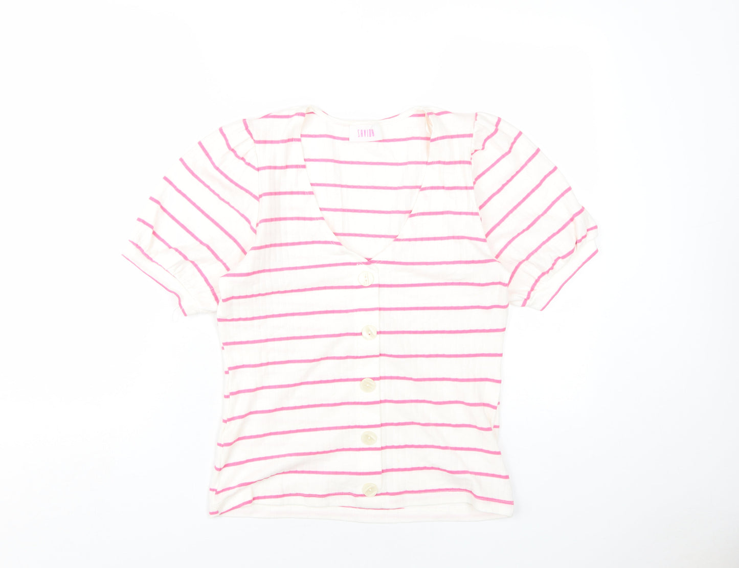 Saviour Womens White Striped Cotton Basic T-Shirt Size L V-Neck
