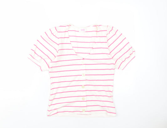 Saviour Womens White Striped Cotton Basic T-Shirt Size L V-Neck