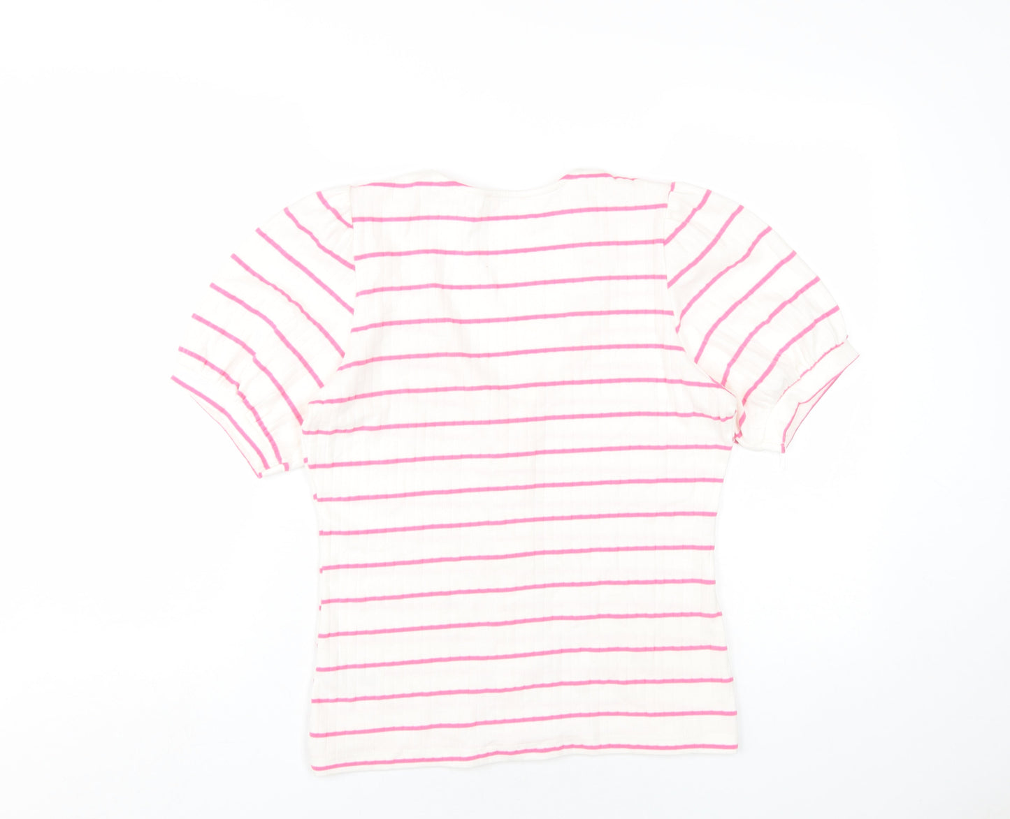 Saviour Womens White Striped Cotton Basic T-Shirt Size L V-Neck