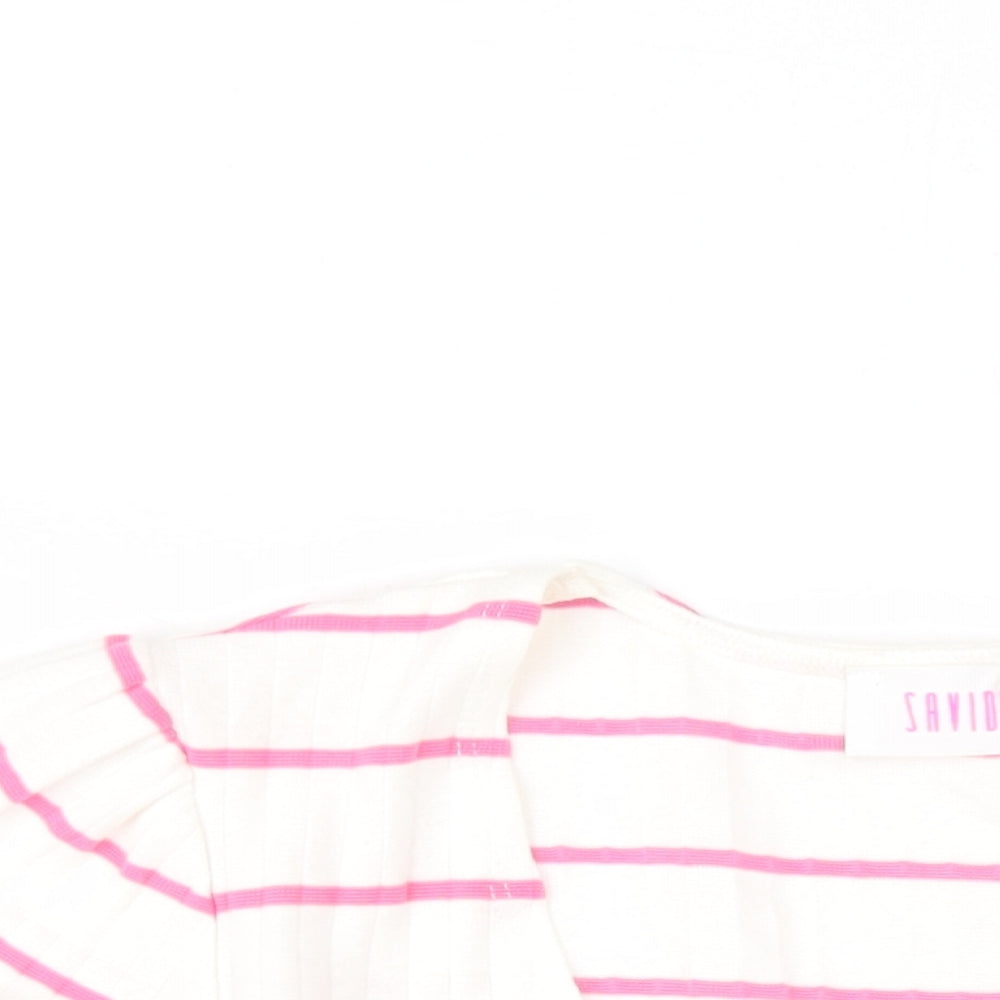 Saviour Womens White Striped Cotton Basic T-Shirt Size L V-Neck
