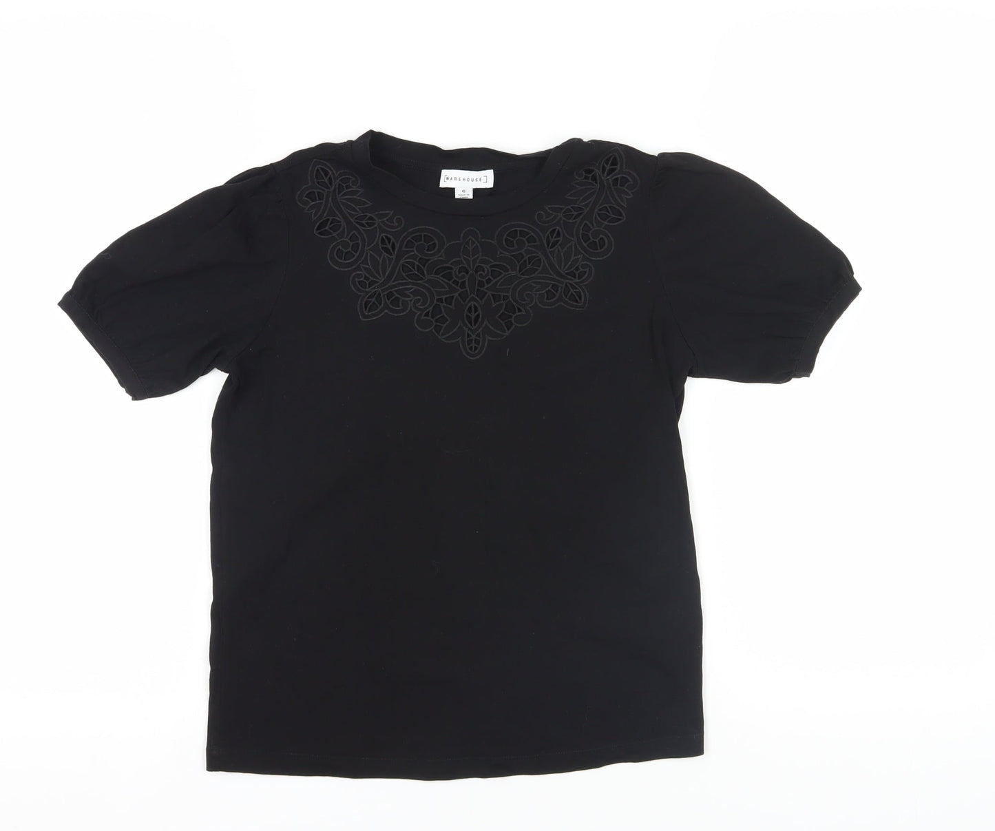 Warehouse Black Embroidered Cotton T-Shirt Size 6