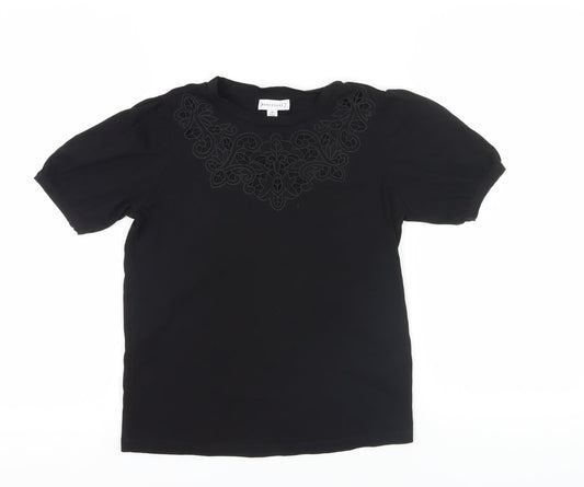 Warehouse Black Embroidered Cotton T-Shirt Size 6