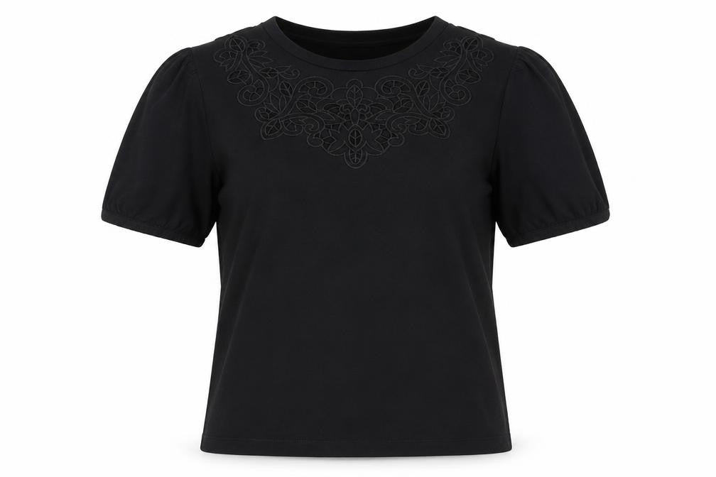 Warehouse Black Embroidered Cotton T-Shirt Size 6