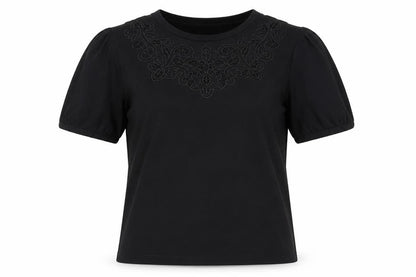 Front view of Warehouse Black Embroidered Cotton T-Shirt, size 6