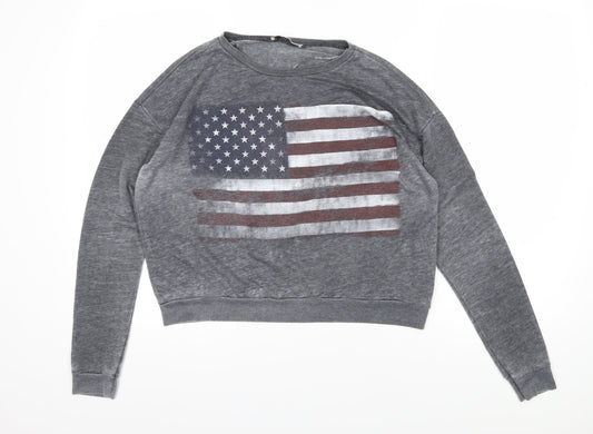 Pull&Bear Womens Grey Cotton Pullover Sweatshirt Size L Pullover - American Flag
