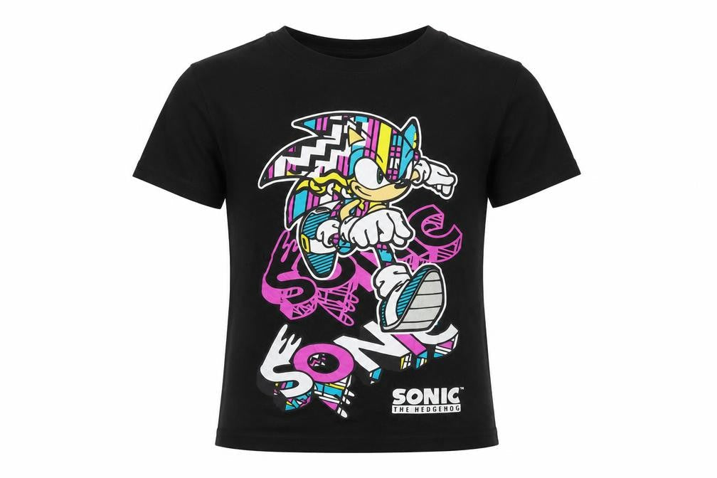 Sonic Girls Black Cotton Basic T-Shirt Size 10-11 Years Crew Neck Pullover