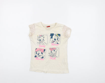 Front view of Disney girls’ ivory cotton basic t-shirt, size 5-6, years crew neck pullover - mickey mouse