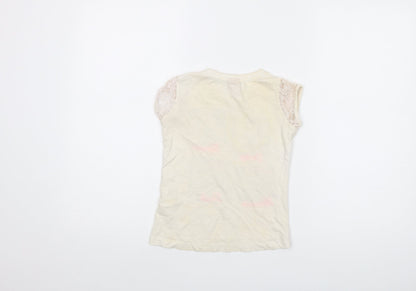 Back view of Disney girls’ ivory cotton basic t-shirt, size 5-6, years crew neck pullover - mickey mouse