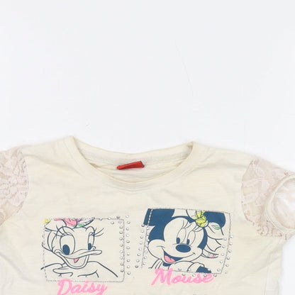 Close-up detail of Disney girls’ ivory cotton basic t-shirt, size 5-6, years crew neck pullover - mickey mouse